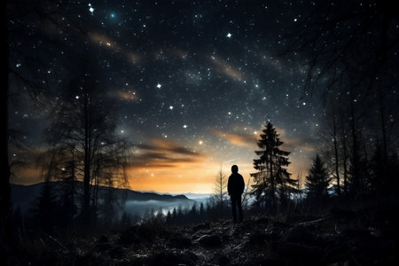 Silhouette of man with backpack standing on top of a mountain and looking at the night sky, Generative AIの素材