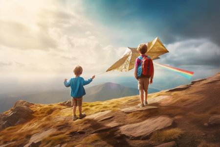 Back view of little boy and girl with backpack and kite flying on the mountain. Generative AI.の素材