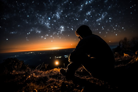 Silhouette of a young man sitting on top of a mountain and looking at the starry sky, Generative AIの素材