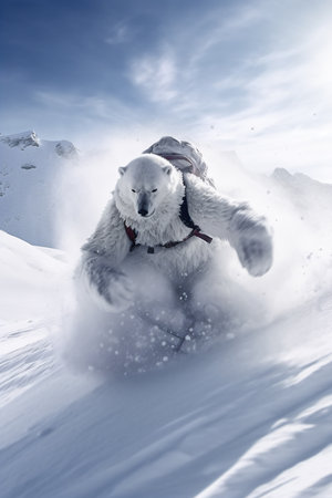 White polar bear playing snowboard in the snow in the mountains. Winter sports., generative AIの素材