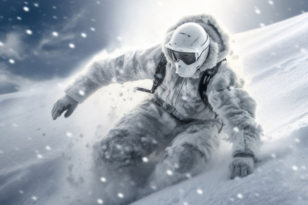 Snowboarder sitting on snow with helmet and goggles against blue sky, generative AIの素材