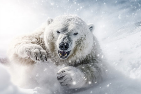 Polar bear running  in the snow, generative AIの素材