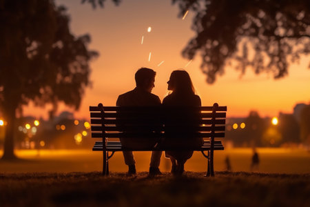 Silhouette of a loving couple sitting on a bench in the park at sunset, generative AIの素材