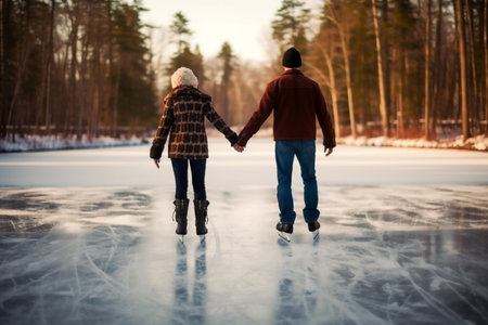 Couple ice skating on frozen lake in winter. Man and woman holding hands., generative AIの素材