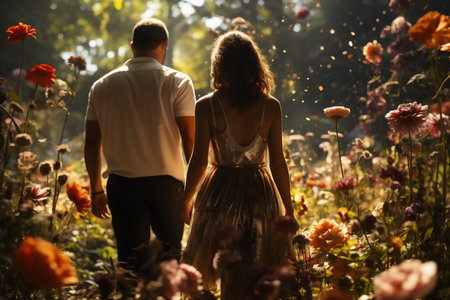 Young loving couple walking in the garden. Love and romance concept, Generative AI.の素材