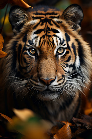 Portrait of a tiger in the autumn forest. Close-up., Generative AI.の素材