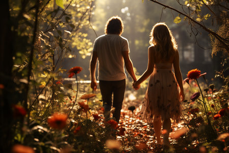 Back view of young couple holding hands and looking at each other in autumn forest, Generative AI.の素材