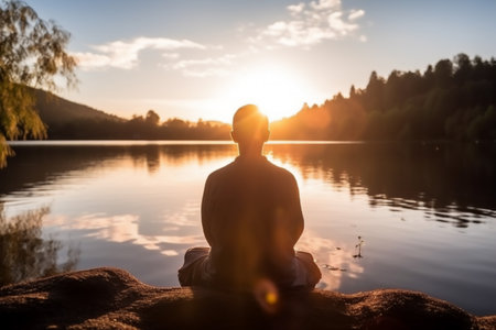 Young man meditating on the shore of a lake at sunset, Generative AI.の素材