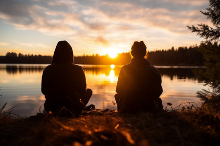 Young couple sitting on the shore of the lake and looking at the sunset, Generative AI.の素材