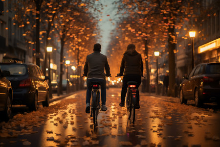 Back view of young couple riding bicycles in the city at night, Generative AI.の素材