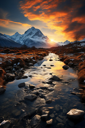 Mountain river at sunset. Himalayas, Nepal, Asia Generative AI.の素材