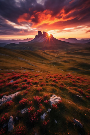 Majestic sunset in the mountains landscape. Panoramic view Generative AI.の素材