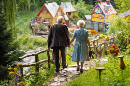 Elderly couple walking in the garden. Back view of a man and woman holding hands. Generative AI.の素材