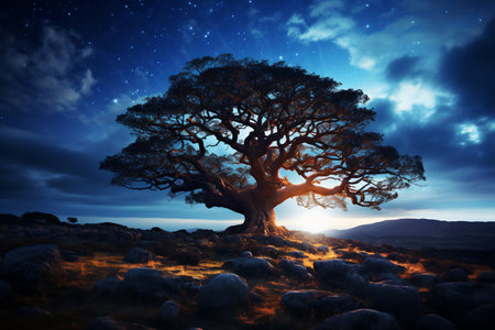 Digital composite of Tree against starry night sky with moon and stars Generative AI.の素材