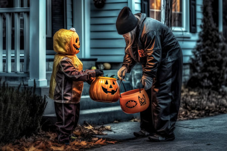 Father and daughter in Halloween costumes with pumpkins in front of their house, Generative AI.の素材