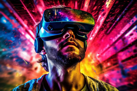 Portrait of a man in virtual reality glasses against colorful background.  Generative AI.の素材