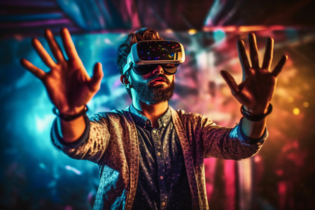 Young man in virtual reality headset showing ok hand sign while playing music at nightclub.  Generative AI.の素材