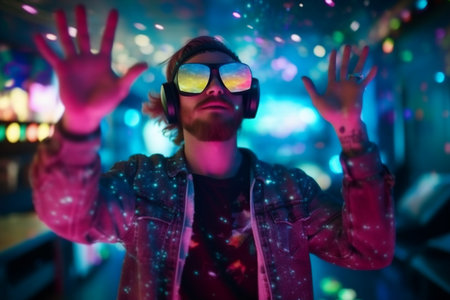 Portrait of a young man having fun at a night club. Generative AI.の素材