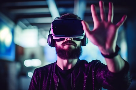 Young man wearing virtual reality goggles. Future technology and entertainment concept. vの素材