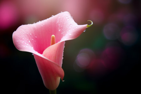 Beautiful pink calla lily flower with water drops on dark background. Generative AI.の素材