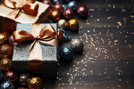 Gift boxes and Christmas balls on Christmas day waiting for the children to open them.generative aiの素材