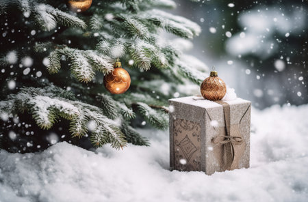 Gift boxes and Christmas balls on Christmas day waiting for the children to open them.generative aiの素材