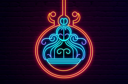 Christmas bauble neon sign on a brick wall background.  Generative AI.の素材