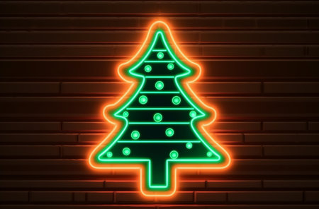 Neon Christmas tree on brick wall background.  Generative AI.の素材