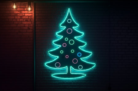 Neon Christmas tree on brick wall background.  Generative AI.の素材