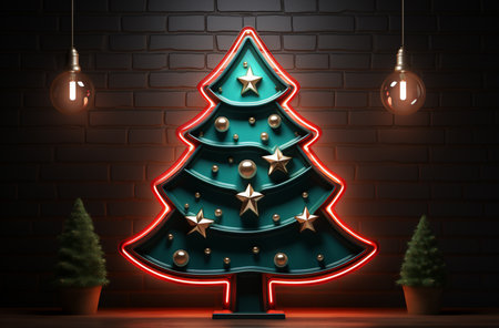 Christmas tree with golden stars on brick wall background.  Generative AI.の素材