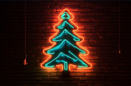 Neon Christmas tree on brick wall background . Generative AI.の素材