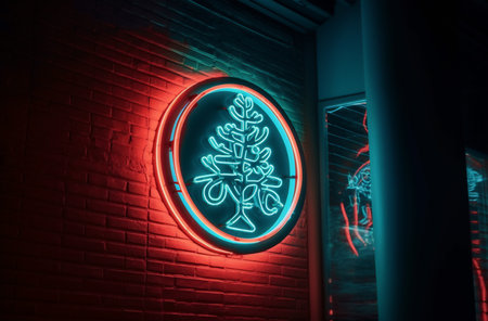 Neon sign on the wall of a cafe in the form of a Christmas tree. Generative AI.の素材