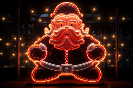 Santa Claus in a red neon light on a black background.  Generative AI.の素材