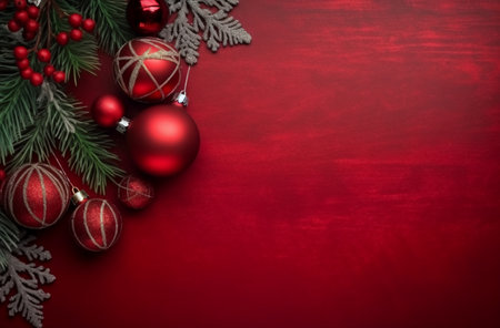 Christmas background with red baubles and fir tree branches on red wooden board. Generative AI.の素材