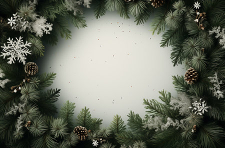 Christmas background with fir branches and snowflakes. Top view.  Generative AI.の素材
