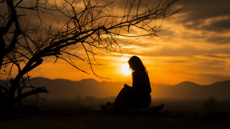 Silhouette of a young woman sitting on the ground at sunset. Generative AI.の素材