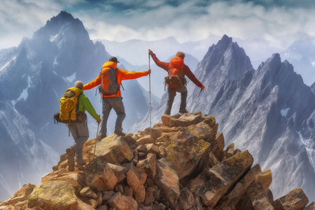 Group of hikers on the top of a mountain with backpacks and backpacks. Generative AI.の素材