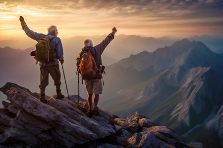 Hikers with backpacks on top of a mountain at sunset. Generative AI.の素材