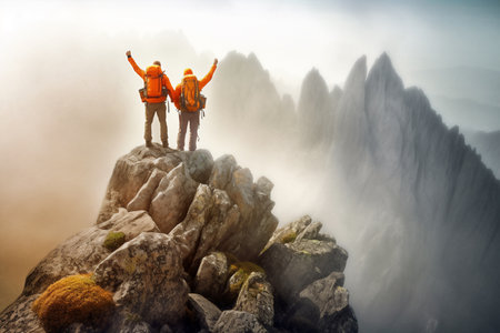 Climbers standing on the top of a mountain and enjoying the view. Generative AI.の素材
