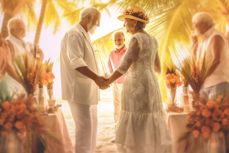 Senior couple holding hands during a wedding ceremony on the beach at sunset. Generative AI.の素材