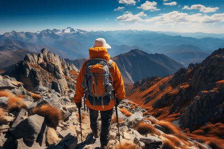 Hiker in a yellow jacket with a backpack on the background of mountains. Generative AI.の素材
