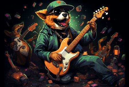 Illustration of a dog playing guitar and singing in the night club. Generative AI.の素材