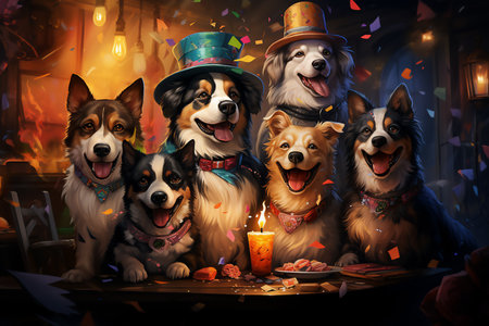 Group of dogs sitting in a dark room with candles and confetti. Generative AI.の素材