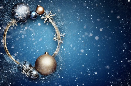 Christmas background with balls and snowflakes on a blue background. Generative AI.の素材