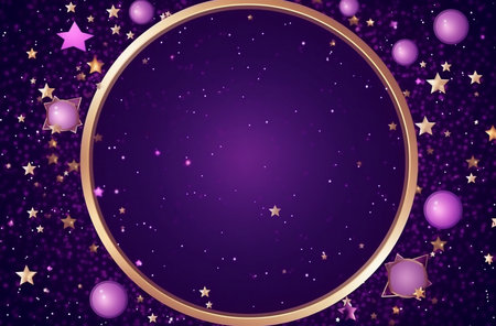 Purple background with golden frame and stars. Generative AI.の素材