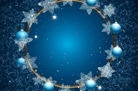Christmas background with blue balls and snowflakes on a blue background. Generative AI.の素材