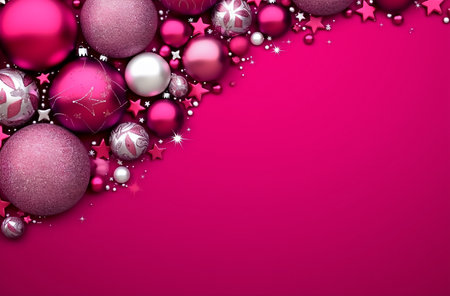 Pink christmas baubles on pink background.  Generative AI.の素材