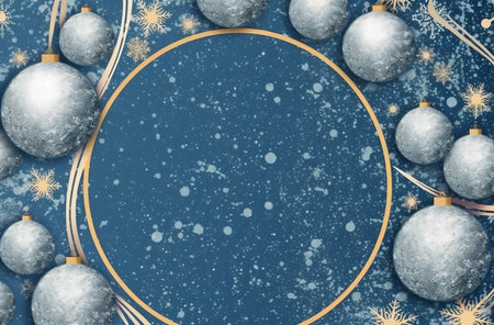 Christmas background with snowflakes and baubles on blue background. Generative AI.の素材