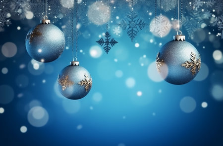 Blue christmas balls with snowflakes on blue bokeh background. Generative AI.の素材