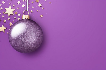 Purple christmas bauble on purple background with gold stars. Generative AI.の素材